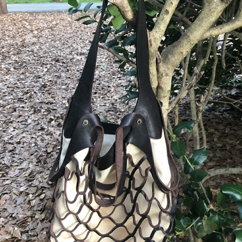 BCBG MAX AZRIA New Leather/ Linen-Fishnet Tote